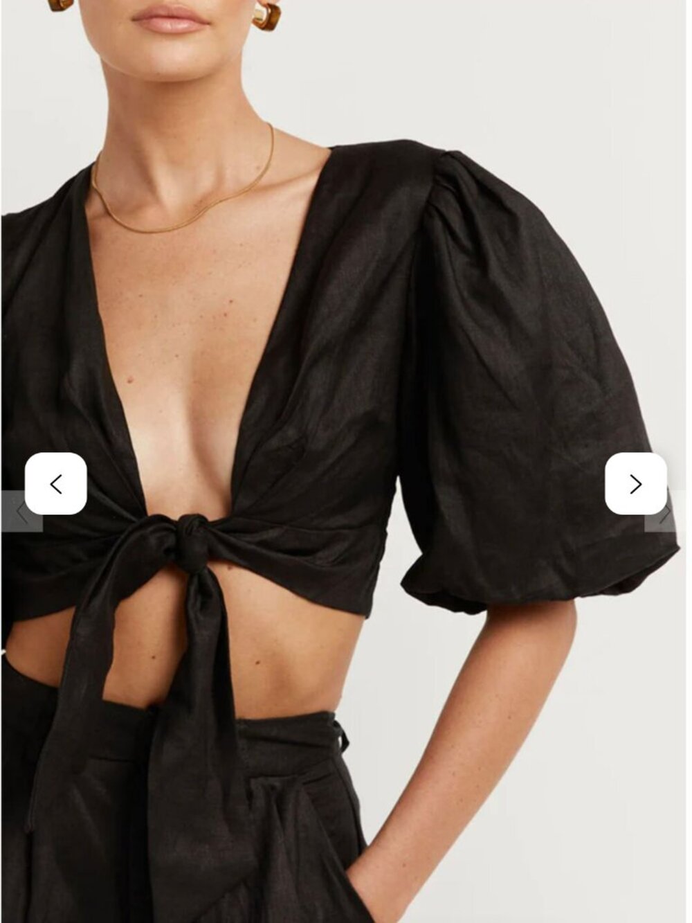 Dissh Hallie Linen Tie Front Puff Sleeve Crop Top - Picture 4 of 7